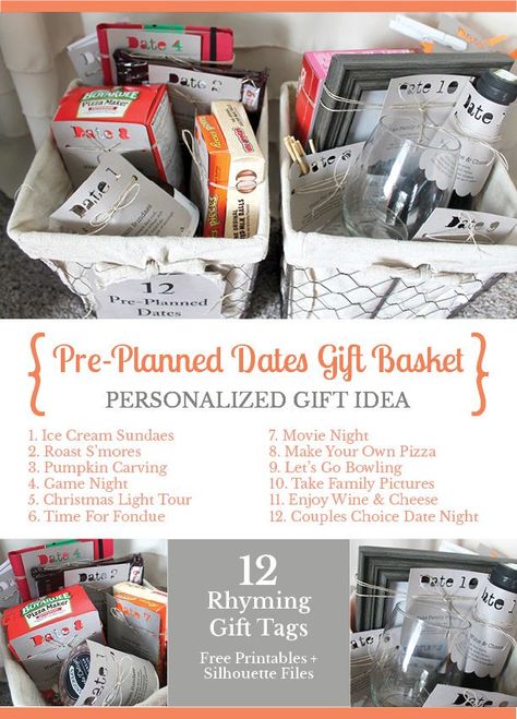 Pre Planned Date Nights Gift Basket Date Night Basket, Diy Gift Basket, Wedding Planning Gifts, Date Night Gifts, Boyfriend Gift Basket, Couple Presents, A Gift Basket, Free Printable Gift Tags, Diy Gift Baskets