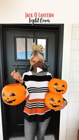 240K views · 25K reactions | Jack O Lantern - Light Cover 🎃🎃

I heard pumpkin pails have returned to Walmart in stores! I haven’t been to my local Walmart in a while, but that is the word on the street 🎃 Sharing this fun and easy way to add a fun Halloween touch outdoor or indoor! All you need is a box cutter and a pumpkin pail. 

As you can see I put this over the lantern, so the glass is protecting the plastic from the direct heat of the bulb. I would not recommend putting these over bulbs without the glass protection!!! 
 
P.S. for this tutorial you just cut out the bottom of the pail and a strip right down the middle of the back. Cute & easy!!!! 

Happy Sayurday! | Cherish Larsen - Seasonal/Holiday Favorites! | The Cramps · Goo Goo Muck Pumpkin Pail Crafts, Plastic Pumpkins Crafts, Halloween Light Decorations, Cherish Larsen, Halloween Porch Lights, Goo Goo Muck, Halloween Lanterns Diy, Jack O Lantern Decorations, Porch Light Covers