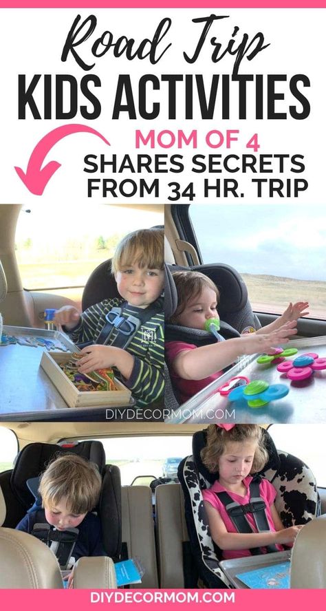 See the best road trip activities and games for kids on long road trips--from a mom of 4 after a 34 HOUR trip! #roadtrip #kids #toddler #kidsactivities #DIYDecorMom Travel Tray For Kids, Car Trip Activities, Car Ride Activities, Road Trip Entertainment, Toddler Road Trip, Trip Games, Trip Activities, Car Activities, Travel Printables