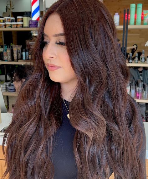 Dark Auburn Hair Color Formula, Dark Copper Brown Hair, Dark Hair Colours, Morena Hair Color Ideas, Brown With Red Undertones, Chocolate Auburn Hair, Wella Formulas, Mahogany Hair Color, Hair Color For Morena