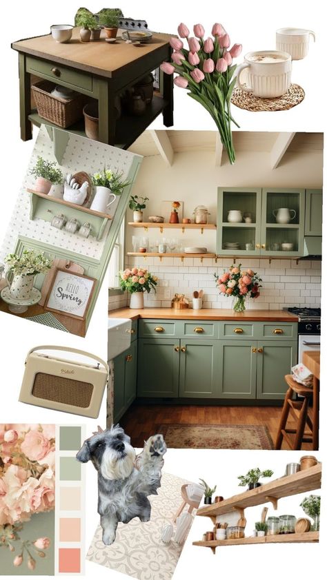 Pink and Green Kitchen inspo Mint Green And Pink Kitchen, Forest Green And Pink Kitchen, Green And Peach Kitchen, Pink And Green Kitchen Ideas, Green And Pink House, Green Pink Kitchen, Card Room Green Farrow And Ball, Pastel Kitchen Ideas, Pink Green Kitchen