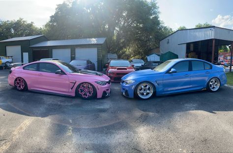 Matching Cars, Pink Bmw Aesthetic, Pink Bmw M4, Pink Heart Rims On Car, Pink Street Racing Car, Bmw Blue Cars, Audi Rs3, Marina Blue, Blue Car