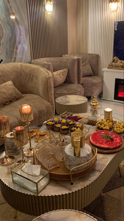 Eid Table, Beige Bedroom Decor, Food Set Up, Fancy Table, Ramadan Kareem Decoration, Latest Living Room Designs, Elegant Living Room Design, Table Decor Living Room, Eid Decoration