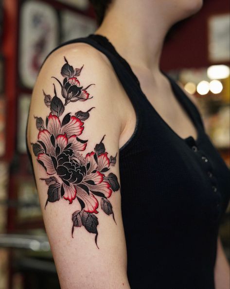 Black Tattoo Pop Of Color, Creative Cover Up Tattoos, Black And Red Peony Tattoo, Red Japanese Flower Tattoo, Floral Tattoo Design Cover Up, Black And Red Floral Tattoo, Black Tattoo With Pop Of Color, Shoulder To Shoulder Tattoo, Black Red Tattoo Design