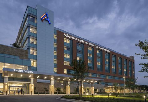 Washington Adventist White Oak Medical Center Hospital Building Design, Minecraft Hospital, Hospital Facade, Health Architecture, Hospital Design Architecture, Studio Production, Hospital Building, Silver Spring Maryland, Modern Hospital