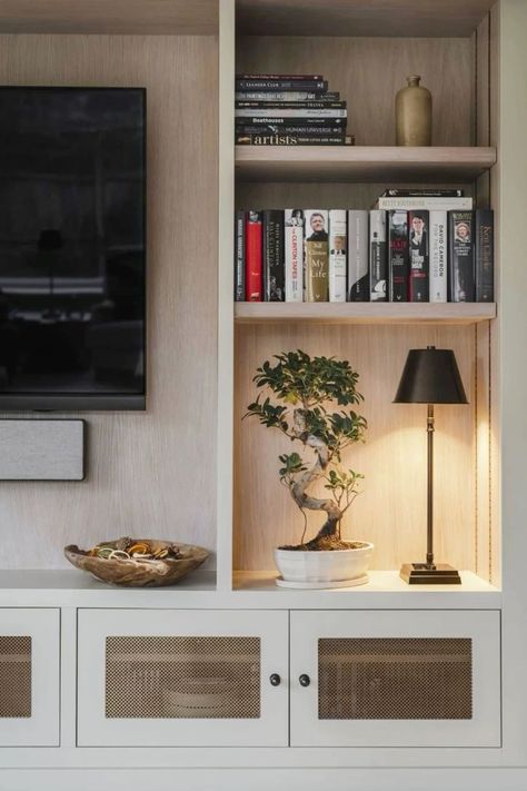 Bespoke Cabinetry Living Room, Tv Wall Lighting, Living Room Tv Furniture, Tv Built Ins, Cabinetry Living Room, Calm Palette, Built In Tv Cabinet, Books And Plants, Regency Home