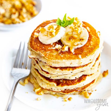 Keto Banana Pancakes Recipe | Wholesome Yum Keto Banana Pancakes, Carbquik Pancakes, Almond Flour Banana Pancakes, Low Carb Freezer Meals, Almond Flour Banana, Keto Banana, Dairy Free Keto Recipes, Keto Whipped Cream, Banana Oat Pancakes