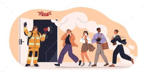 Evacuation of People in Fire Emergency Fire People, Looking At Each Other, Emergency Evacuation, Hugging Couple, People Leave, Young Couple, Fire Safety, Editorial Illustration, Health And Safety