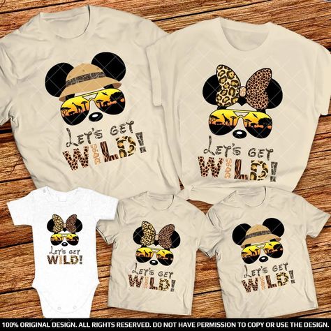 These fun and vibrant shirts are made from lightweight and breathable 100% cotton fabric and feature an all-over print of an African safari with various wild animals scattered throughout. The Mickey and Minnie shirts feature an iconic Disney illustration of both characters on the front, making these shirts even more eye-catching and unique. Whether you’re hitting the parks or going on an African safari, no one can resist these adorable Animal Kingdom Let's Get Wild family shirts! Mickey And Minnie Shirts, Minnie Shirts, Invitation Mickey Mouse, Couple Disney, Family Shirts Disney, Mickey Mouse Png, Animal Kingdom Shirts, Matching Disney Shirts, Mickey Halloween