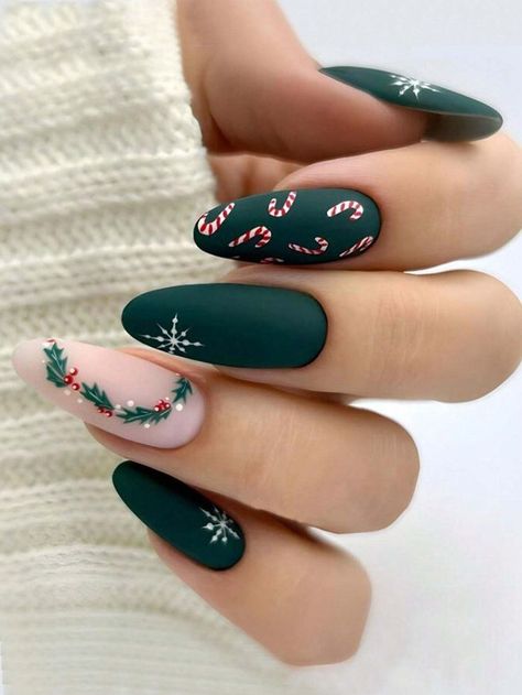 Christmas Nails In Green, Christmas Nails With Stickers, Matte Christmas Nails Holidays, Matte Green Christmas Nails, Christmas Nail Green, Christmas Almond Shaped Nails, Matte Holiday Nails, Christmas Nails Matte, Nails Christmas Green