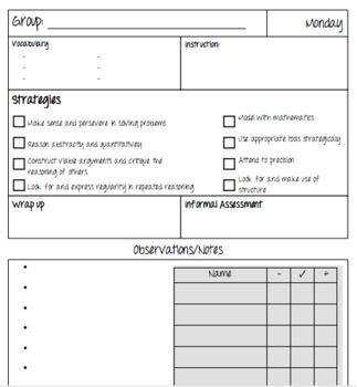 Here's an editable template for writing guided math lessons. The day of the week can be modified as you print for each day that you meet.There are places where you can write in vocabulary, instruction, wrap up activities, assessments, and any observations for each student. The graph allows you to monitor student mastery of the concepts being taught. Math Practice Standards, English Poster, Math Talks, Math Club, Daily 5 Math, Guided Math Groups, Vocabulary Instruction, Fifth Grade Math, Planning Template