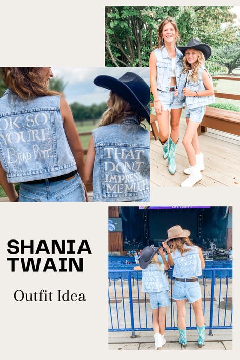 Shania Twain Inspired Outfit, Shania Twain Concert Outfit, Denim On Denim Outfit, Jean Jacket Vest, Outfit Denim, Top Jean, Rhinestone Fringe, Denim On Denim, Shania Twain