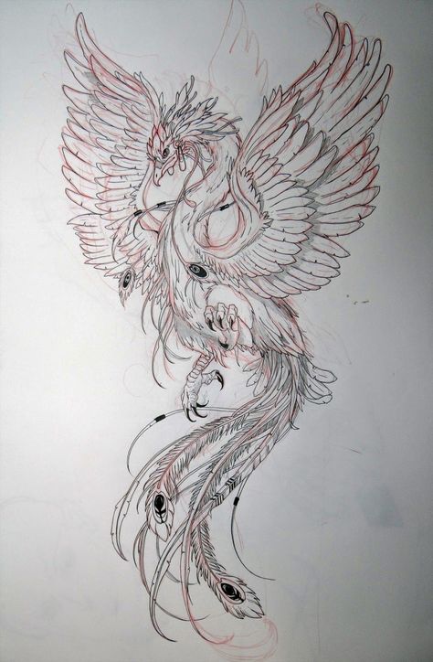 Phoenix Tail Tattoo, Phinex Bird Drawing, Phinex Tattoo, Fenghuang Tattoo, Phoenix Neck Tattoo, Hippogriff Tattoo, Fenix Tattoo Design, Fenix Art, Village Tattoo