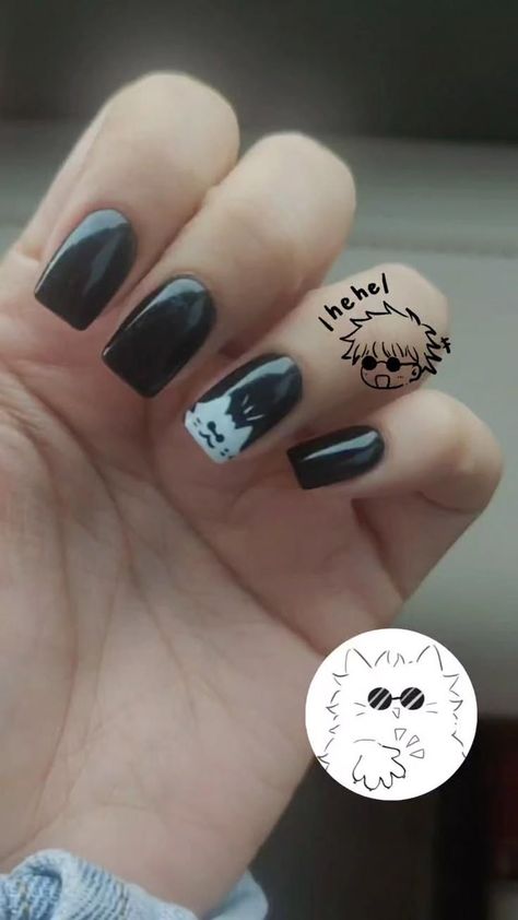 Nail Designs Anime Simple, Nail Ideas Anime Simple, Gojo Nails Design, Anime Nails Designs Simple, Gojo Satoru Nails Design, Jjk Themed Nails, Jjk Nails Designs Gojo, Black Anime Nails, Anime Acrylic Nail Designs