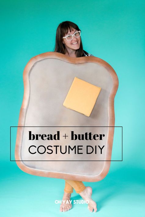 Bread and butter costume DIY.   #breadandbutter #costume #halloweencostume #handmadecostume #diycostume #toast Butter Costume Diy, Bread Costume Diy, Toast Costume Diy, Food Costumes Diy, Toast Costume, Bread Costume, Church Trunk Or Treat Ideas, Mean Girls Halloween Costume, Muffin Costume