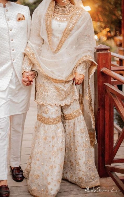 Ivory Gharara Outfit, White And Gold Gharara, Cream Gharara, Nikkah Gharara, Nikkah White Gharara, White Gharara, Ivory Gharara, Nikkah Brides, Nikkah Bride Dress