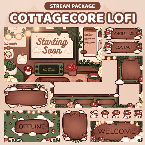 Cottagecore Stream Overlay, Twitch Overlay Ideas, Stream Template, Streaming Ideas, Twitch Assets, Aesthetic Tech, Vtuber Assets, Twitch Streaming Setup, Relaxing Game