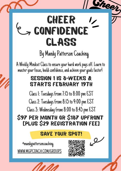 Cheerleading confidence class to teach cheerleaders tips for overcoming mental blocks, improving confidence, and mastering your mindset in the sport of cheer. These Cheerleading classes are LIVE, virtual group mental training sessions that will help you overcome the challenges of cheerleading so you can boost motivation and master your tumbling skills with ease. #cheerleading #tumblingtips #cheerconfidence Athlete Confidence, Improving Confidence, Tumbling Tips, Boost Motivation, Mental Block, Athlete Motivation, Improve Confidence, Feeling Defeated, Virtual Class