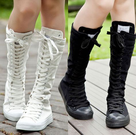 Emo Women, Knee High Sneakers, Knee High Converse, High Converse, Converse Star, Punk Boots, Girls Converse, Womens Combat Boots, Canvas Boots