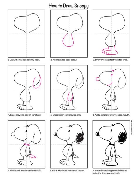 Snoopy Drawing Easy, How To Draw Snoopy, Draw Snoopy, Snoopy Coloring Pages, Snoopy Drawing, Kids Art Galleries, Doodle Characters, Easy Drawings For Beginners, Cartoon Character Tattoos