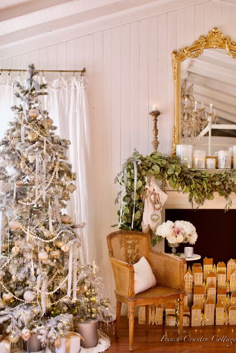 French Country Christmas Mantel - French Country Cottage Frosted Tree Decor, French Blue Christmas Tree, French Farmhouse Christmas Decor, French Country Christmas Decor Ideas, French Country Christmas Tree, Cottage Christmas Tree, Bedroom Christmas Tree, French Christmas Tree, French Country Cottage Christmas