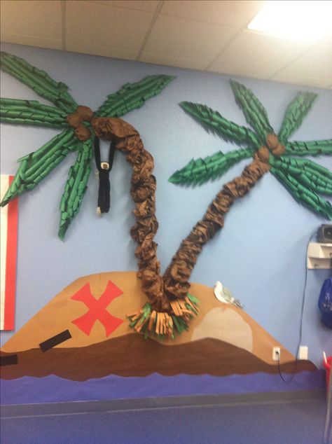 Island Wall Decor - Pirate Theme Island Theme Room, Treasure Hunt Theme Decorations, Pirate Theme Decorations Classroom, Pirate Kitchen Decor, Pirate Ship Bulletin Board Ideas, Treasure Island Classroom Theme, Pirates Of The Caribbean Classroom Theme, Pirate Book Fair, Pirate Room Decor