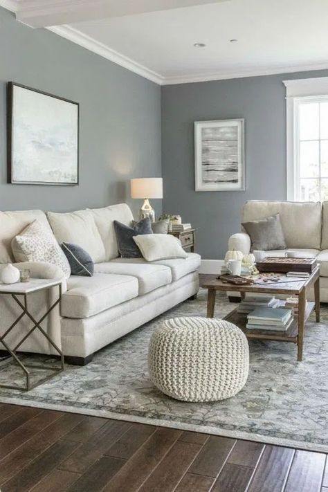 80 Most Popular Living Room Decor Ideas & Trends on Pinterest You Can't Miss Out - Cozy Home 101 Sitting Room Painting Ideas, Greenish Blue Living Room Walls, Color Shades For Living Room, Beige Couch Gray Walls Living Room, Blue Gray Interior Design Living Room, Family Room Gray Walls, Living Room Loveseat And Chairs, Sitting Room Rugs, Grey Toned Living Room