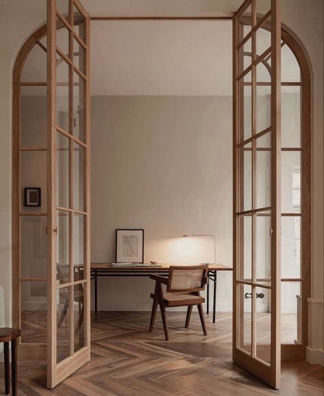 Archway Doors Interior, Glass French Doors, Japandi Interior, Bar Interior, Modern Home Office, Mid Century Modern House, Office Inspiration, Minimalist Interior, Simple House