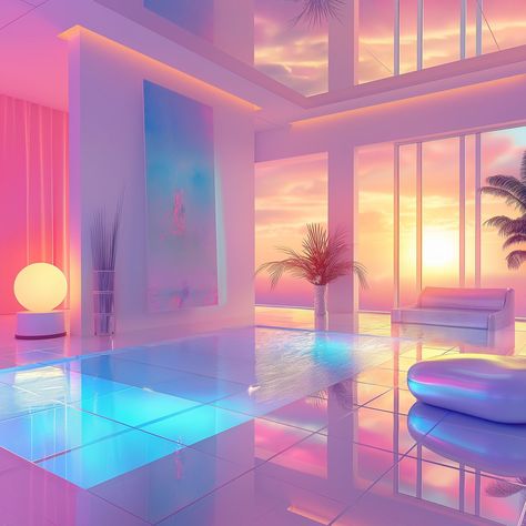 Miami 90s, Purple Bedroom Decor, Stylish Room Decor, Dream Bedroom Inspiration, Futuristic Home, Vaporwave Art, Pool Rooms, Cute Pastel Wallpaper, Fancy Houses