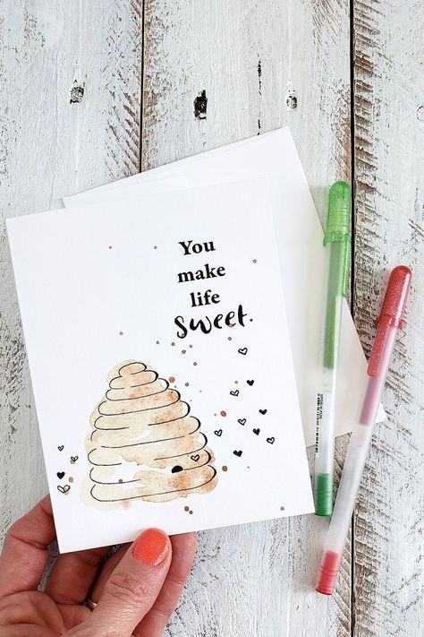 You make life sweeter than honey. This card will help you say it. Blank inside for your own message. Anniversary Card Painting Ideas, Uplifting Card Ideas, Watercolour Bday Card, Homemade Cards Watercolor, Cute Simple Card Ideas, Cute Watercolor Card Ideas, Simple Card Design Handmade, Friend Cards Handmade, Funny Watercolor Cards