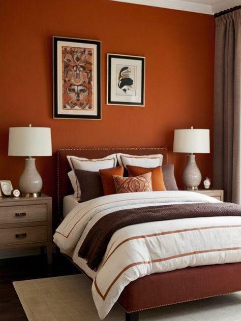 Orange And Brown Bedroom, Burnt Orange Bedroom Ideas, Bedroom With Desk, Burnt Orange Bedroom, Burnt Orange Curtains, Orange Accent Walls, Brown Bedroom Ideas, Burnt Orange Decor, Unique Home Ideas