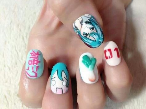 Want this!! Miku Nails, Anime Inspired Nails, Kawaii Nail Art, Nails Inspired, Nails Purple, Anime Nails, Japanese Pop Culture, Nails Easy, Really Cute Nails