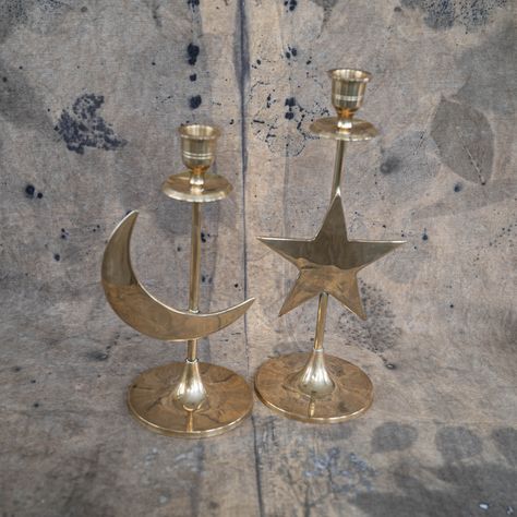 Celestial taper candle holders Witchy altar decor Celestial candlestick holder Brass star candle holder  Made of solid brass, colors: gold and bluish grey Celestial candle holder measures  Stars candleholder 10" (26 cm) height Moon candleholder 9" (23 cm) height for candle up to 3/4" (2 cm) in diameter, taper candle holder Condition: god vintage condition with the traces of age and wear, possible scratches from normal use. Please message me if you need more photos. Please note: colors may slight Antique Candle Holders, Celestial Room, Moon Table, Antiqued Candle Holders, Star Candle Holder, Moon Decor, Brass Candle Holders, Altar Decorations, Taper Candle Holders