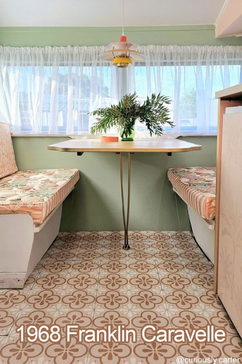 Interior of a caravan showing the bed with luxurious textiles in a sage green and peach colour palette, with text overlay that says: Renovated 1968 Franklin Caravelle. Viscount Caravan, Vintage Caravan Interiors, Caravan Vintage, Caravan Makeover, Caravan Renovation, Nomad Life, Retro Caravan, Caravan Interior, Travel Trailer Remodel