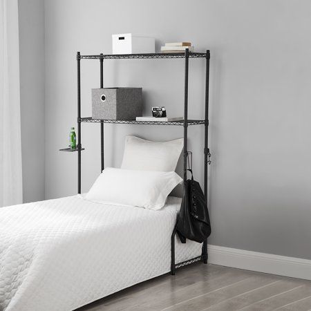 Over The Bed Shelf, Dorm Room Shelves, Dorm Shelves, Dorm Room Headboards, College Furniture, Bed Shelf, Closet Interior, Grey Shelves, College Bedding