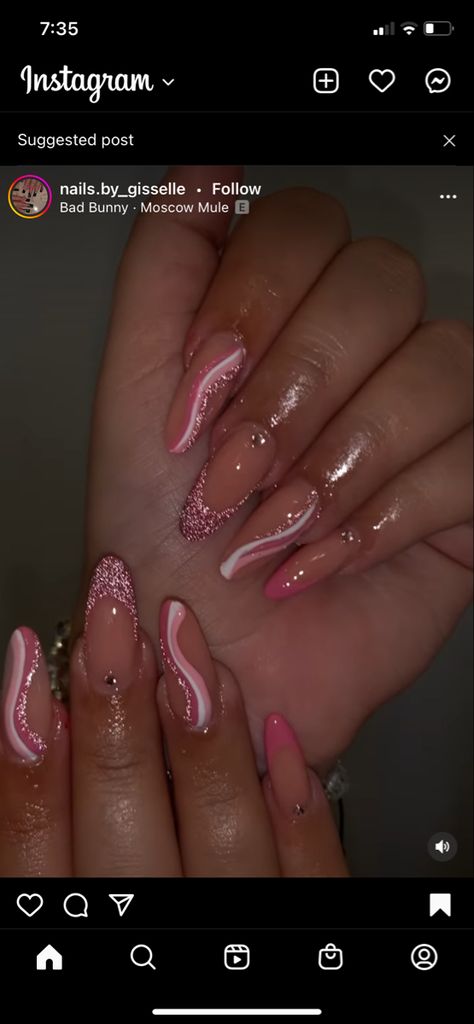 Nail Inspo With Glitter, French Pink Glitter Nails, Pink Nails With Swirls, Pink French Tip Nails Acrylics Sparkle, Nails Pink And Glitter, Nails With Pink Glitter, Pink Prom Nails Almond, Sparkly Nails With Design, Pink Glitter Nail Art