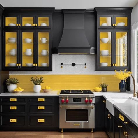 Yellow Kitchen Wall Black And Yellow Kitchen, Black And Grey Kitchen, Yellow Kitchen Walls, Kitchen Color Yellow, Yellow Kitchen Designs, Kitchen Wall Panels, Yellow Dining Room, Black Cabinet Hardware, Yellow Kitchen Decor