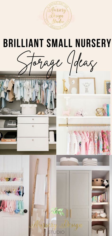 Designing and organizing a small nursery can be tricky, particularly storing essentials such as clothes, books, toys, and more. We have rounded up sure-fire small nursery storage ideas guaranteed to help you store baby's things. Tiny Nursery Storage Ideas, Nursery Storage Ideas Space Saving, Small Nursery Clothes Storage, Small Nursery Dresser Organization, Small Room Clothes Storage Baby, Small Nursery Design, Nursery Book Storage, Under Crib Storage, Crib Storage