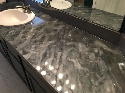 gray epoxy bathroom countertops with swirl pattern look sleek and glossy Epoxy Bathroom Counter, Bathroom Epoxy Countertop, Epoxy Countertop Bathroom, Epoxy Bathroom Countertop, Resin Bathroom Countertop, Bartop Ideas, Epoxy Kitchen Countertops, Epoxy Bathroom, Epoxy Countertop Kit