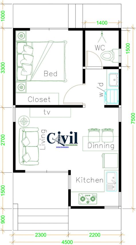 Small House Plans 4.5×7.5 With One Bedroom Gable Roof - Engineering Discoveries Bedroom Shed, Small Luxury Homes, Gable Roof House, One Bedroom House Plans, One Bedroom House, Roof House, Tiny House Plan, A Small House, Small House Decorating