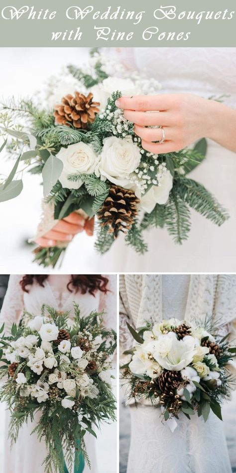 unique white winter wedding bouquets with pine cones Winter Wedding Flower Bouquets, Pine Cone Wedding Bouquet, Winter Florals Wedding, Rose Gold Baylage, Winter Wedding Bouquet Evergreen, Mammoth Wedding, Wedding Bouquets Winter, Skiing Wedding, Winter Wedding Flowers Bouquets