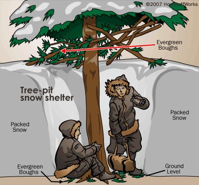 Tree pit snow shelter Survival Skills Life Hacks, Survival Life Hacks, Apocalypse Survival, Survival Shelter, Survival Techniques, Zombie Survival, Homestead Survival, Survival Life, Wilderness Survival