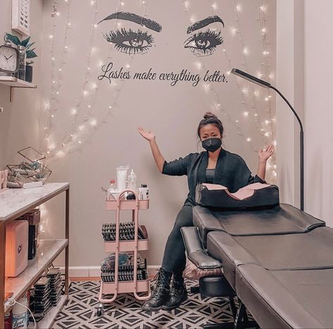 Cute Lash Studio, Lash Studio At Home, Lash Room Decor Ideas At Home, Lash Salon Suite Decor, Eyelash Salon Decor Interior Design, Small Lash Tech Room Ideas, Pmu Suite Ideas, Lash Salon Ideas Interior Design, Lash Studio Decor Ideas