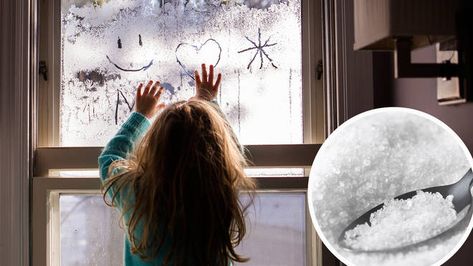 This 29p hack to clear window condensation is genius - Heart Window Cleaner With Cornstarch, Spray Snow Windows, How To Get Rid Of Static Cling, Condensation On Windows, Window Snow Spray, Window Condensation, Clear Windows, Window Seal, Simple Tricks