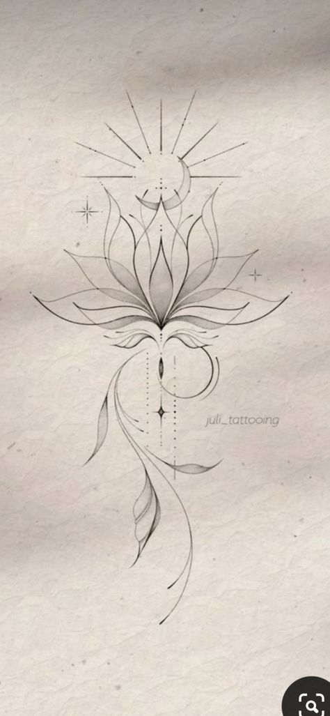 Large Girly Tattoos, Lotus North Star Tattoo, Unic Tattoo Women, Abstract Feminine Tattoo, Lotus Flower Sun Tattoo, Inner Healing Tattoo, Lotus Cherry Blossom Tattoo, Subtle Tattoos For Women Inspiration, Lotus Flower Sun And Moon Tattoo