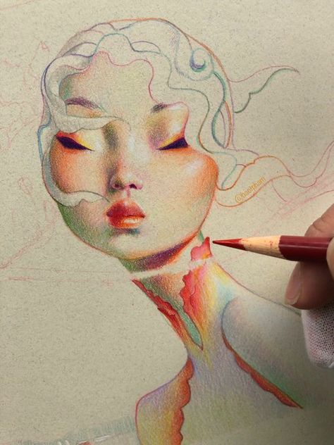 Bao Pham, Elegant Portrait, Kunstjournal Inspiration, Color Pencil Illustration, 얼굴 드로잉, Arte Sketchbook, Arte Inspo, Rainbow Art, Color Pencil Art