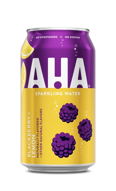 Blackberry + Lemon Sparkling Water | AHA Sparkling Water Design, Lemonade Brand, Sparkling Water Bottle, Water Flavors, Blackberry Drinks, Blackberry Lemon, Fruit Logo Design, Drink Logo, Tea Infusion