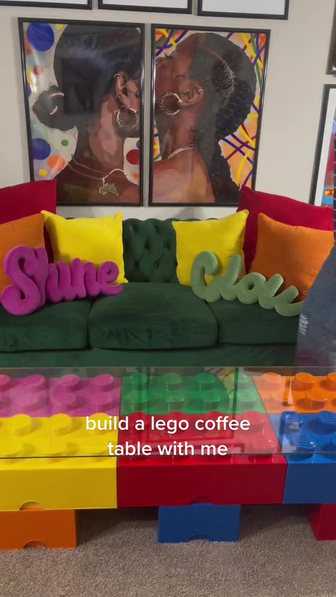 Maximalist Coffee Table, Lego Coffee Table, Fun Coffee Table, Black Creators, Rental Home Decor, Funky Living Rooms, Maximalist Home, Lego Table, Eclectic Home Decor