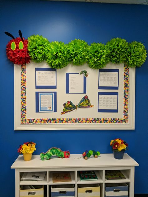 The Hungry Caterpillar Display, Eric Carle Caterpillar Craft, Very Hungry Caterpillar Bulletin Board Classroom Displays, Hungry Caterpillar Reading Corner, The Very Hungry Caterpillar Classroom Theme, The Hungry Caterpillar Classroom Decor, Hungry Caterpillar Display Board, Hungry Caterpillar Birthday Board, Caterpillar Decorations For Classroom