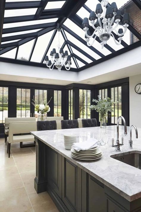 Stylish Luxury Orangery Kitchen Extension in Surrey - David Salisbury Modern Orangery Extension, Modern Orangery, Orangery Kitchen, Orangery Extension Kitchen, Orangery Interior, Kitchen Orangery, Orangery Extension, Conservatory Kitchen, Garden Room Extensions